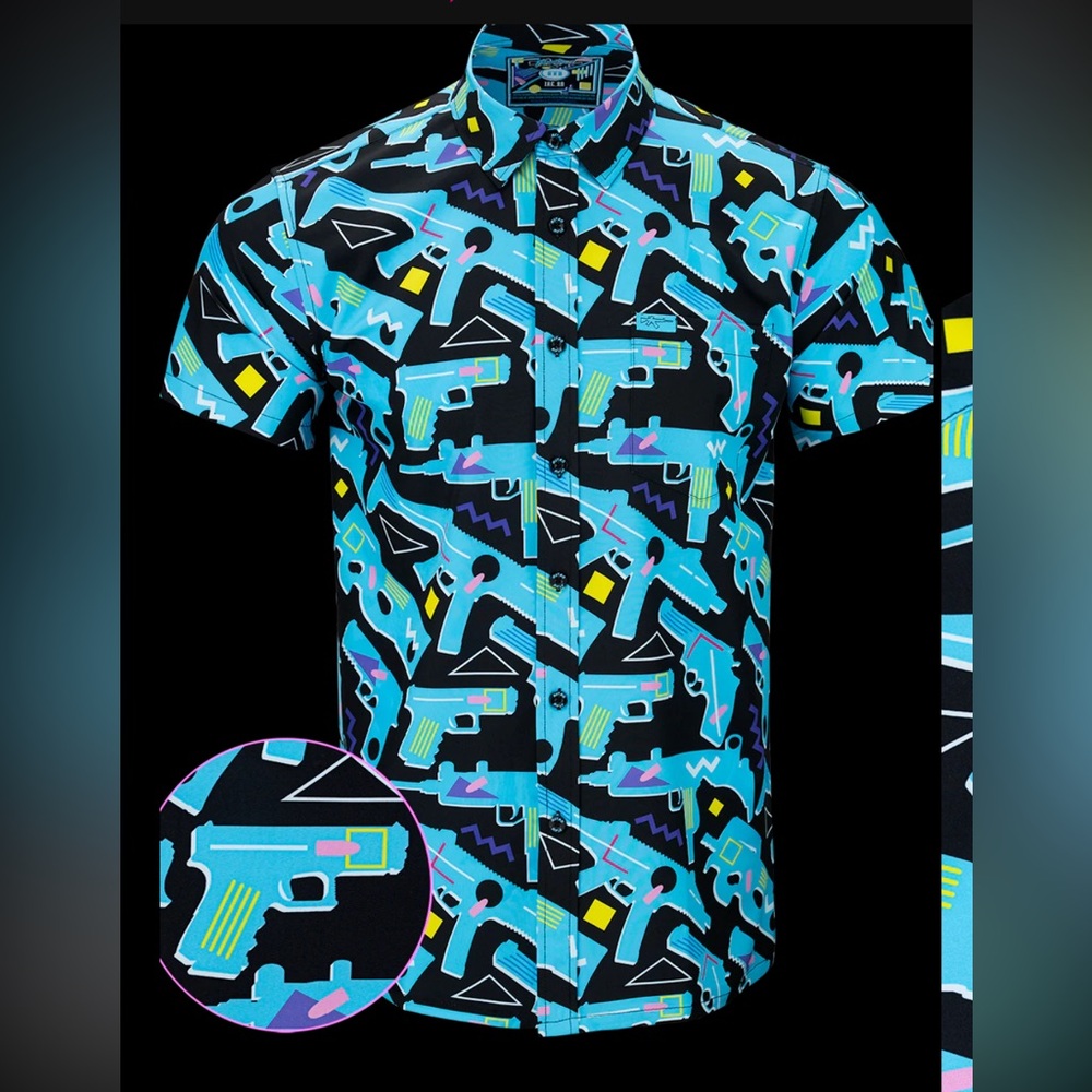 NWT Retro Rifle men’s large 80’s Black w/ neon Gun imprint Button Down Shirt